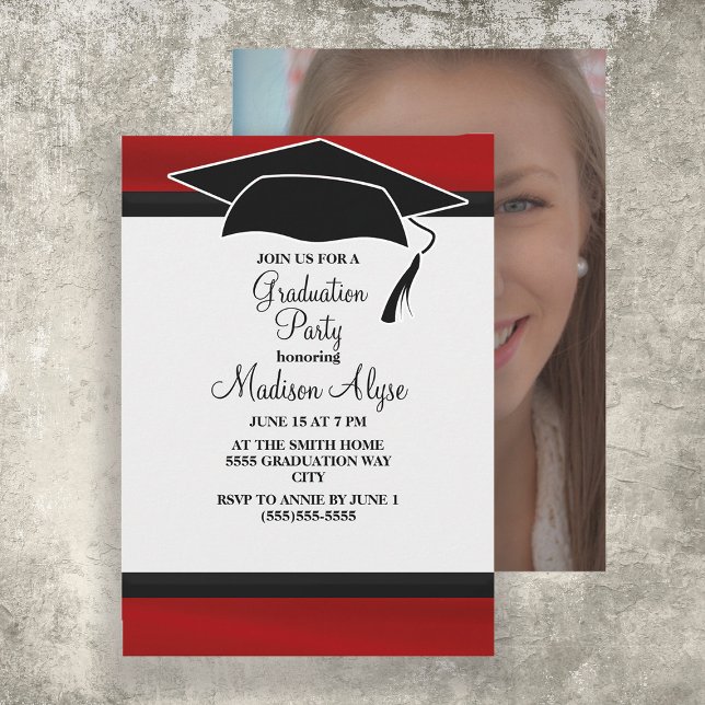 Invitation Photo Red Black Graduation Cap Party (Créateur téléchargé)