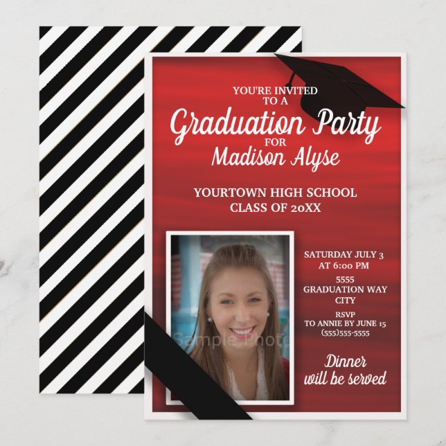 Invitation Photo Red Black White Graduation Party (Devant / Derrière)