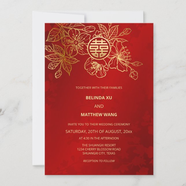 Invitation Photo Red Gold Mariage chinois (Devant)