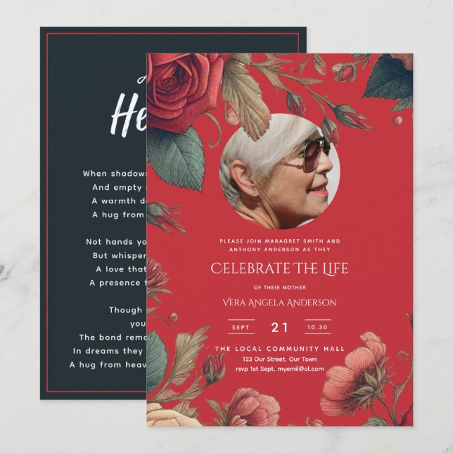 Invitation PHOTO Red Roses Célébration de la vie Funérailles  (Devant / Derrière)