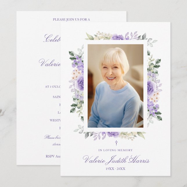 Invitation Photo Remembrance Service Dear Ones Purple Shades (Devant / Derrière)