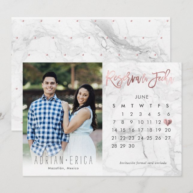 Invitation Photo Reserva la Fecha Calendario Marble Rose Gold (Devant / Derrière)