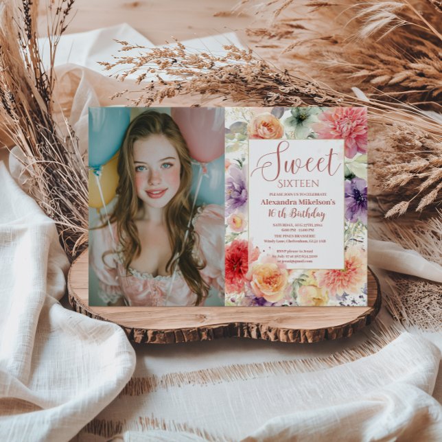 Invitation Photo Romantic Garden Florals Sweet Sixteen (Créateur téléchargé)