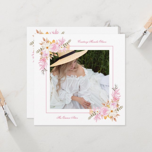 Invitation Photo Romantique Mis XV d'Espagne Bouquet de print (Devant/Arrière en situation)