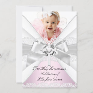 Invitation Photo rose argent blanc Première communion sainte