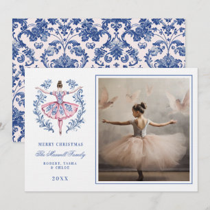 Invitation Photo rose et bleu de l'ornement Damas du grand mi
