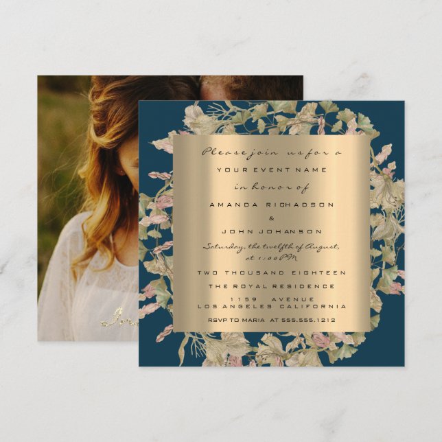 Invitation Photo Rose Fiançailles Mariée Couronne Fleur Navy  (Devant / Derrière)