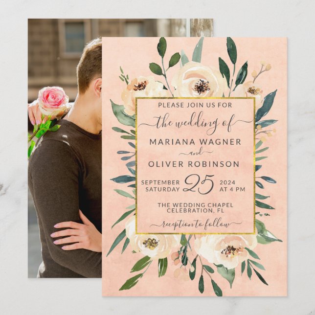 Invitation Photo rose Floral Beige Mariage or (Devant / Derrière)