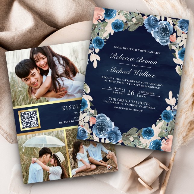 Invitation Photo rose Floral QR Code Mariage bleu foncé (Créateur téléchargé)