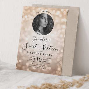 Invitation PHOTO Rose Gold Bokeh Lights Sweet 16 Party