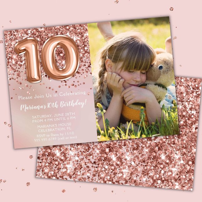 Invitation Photo Rose Gold Enfants Fille 10e fête d'anniversa (Créateur téléchargé)