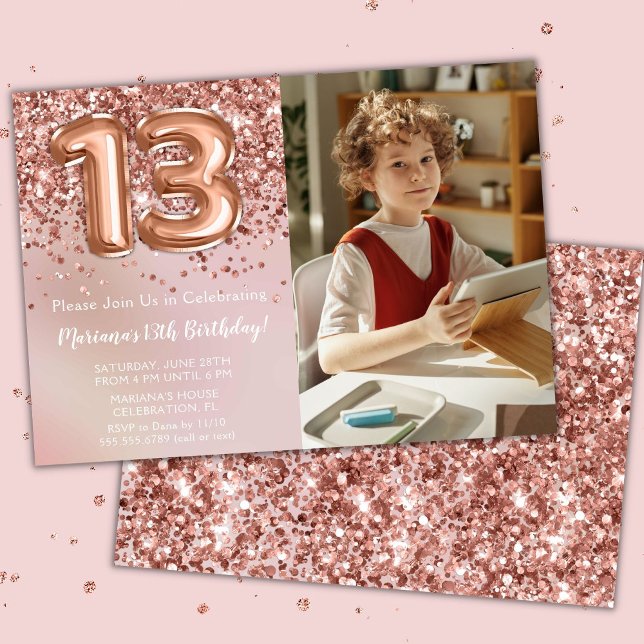 Invitation Photo Rose Gold Enfants Fille 13e anniversaire fêt (Créateur téléchargé)