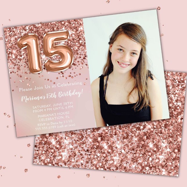 Invitation Photo Rose Gold Enfants Fille 15e anniversaire fêt (Créateur téléchargé)