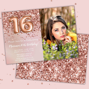 Invitation Photo Rose Gold Enfants Fille 16e fête d'anniversa