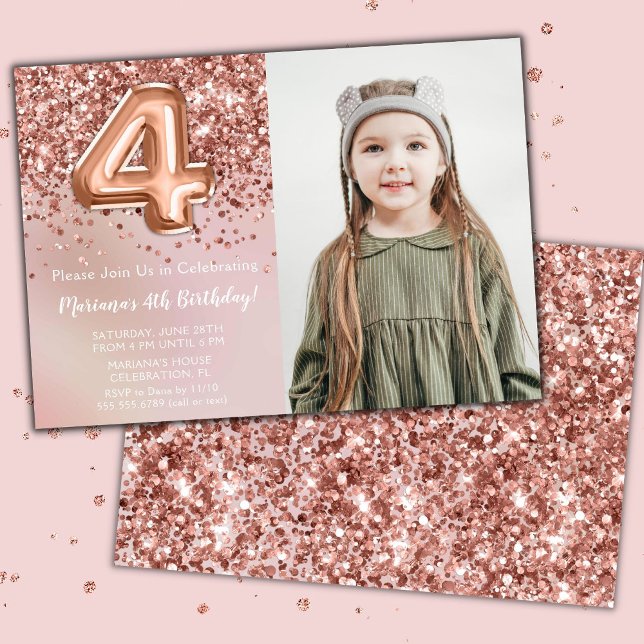 Invitation Photo Rose Gold Enfants Fille 4e anniversaire (Créateur téléchargé)