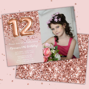 Invitation Photo Rose Gold Kids Girl 12e fête d'anniversaire