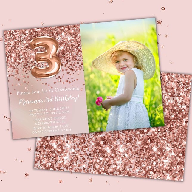 Invitation Photo Rose Gold Kids Girl 3e fête d'anniversaire (Créateur téléchargé)