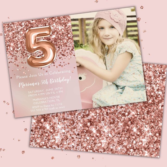 Invitation Photo Rose Gold Kids Girl 5e fête d'anniversaire (Créateur téléchargé)
