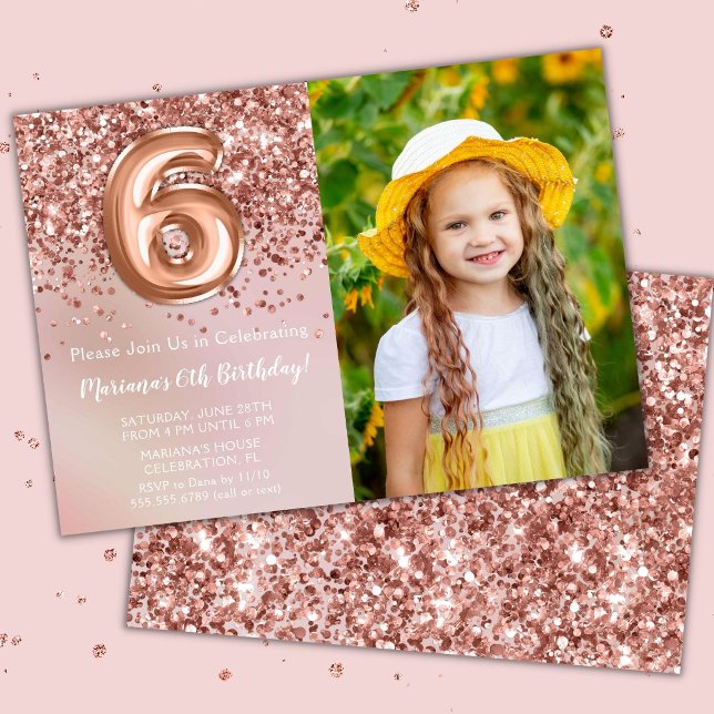 Invitation Photo Rose Gold Kids Girl 6e fête d'anniversaire (Créateur téléchargé)