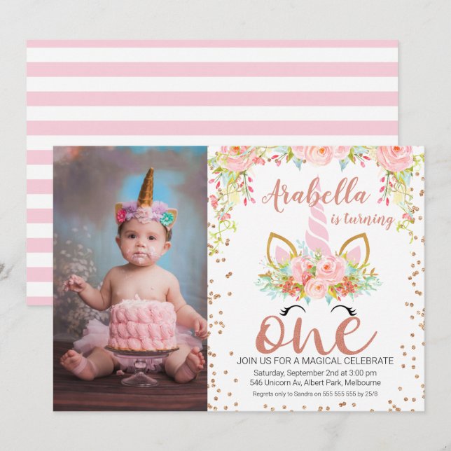 Invitation Photo Rose Gold Unicorn 1er anniversaire Invitatio (Devant / Derrière)