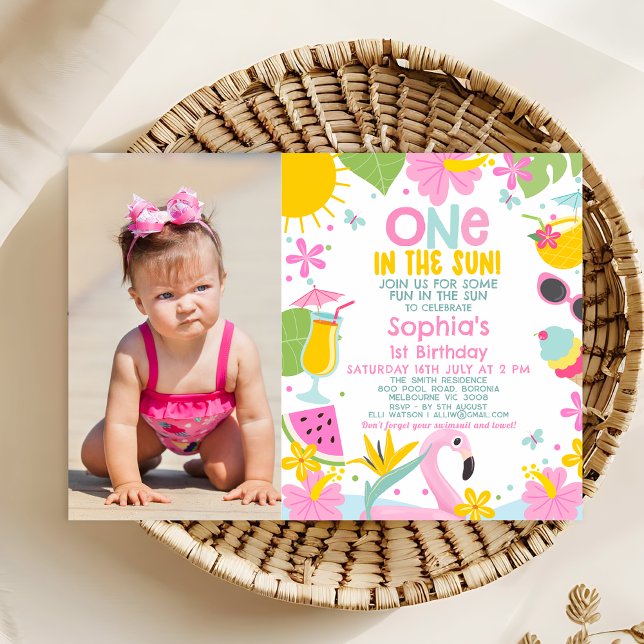 Invitation Photo Rose One Dans La Piscine Solaire 1Er Anniver (One In The Sun Birthday Invitation Template With Photo, Sun Themed 1st Birthday Invitation Summer )