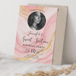 Invitation PHOTO Rose or bleu rose marbre doux 16 Parties