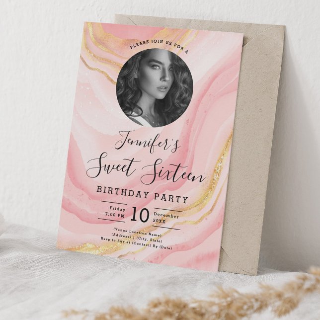 Invitation PHOTO Rose or bleu rose marbre doux 16 Parties (PHOTO Rose Gold Blush Pink Marble Sweet 16 Party Invitation)