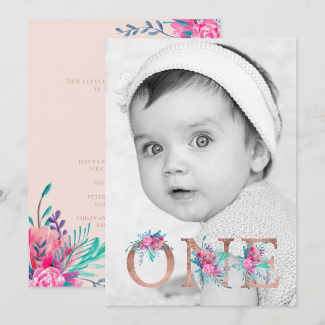 Invitation Photo Rose or floral lettre 1er anniversaire blush (Devant / Derrière)