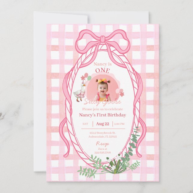 Invitation photo rose pour le premier anniversaire (Devant)