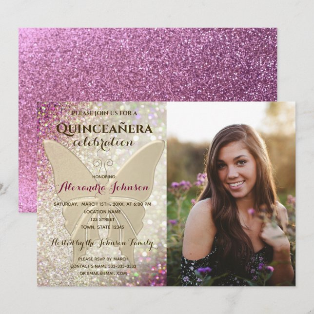 Invitation Photo rose Quinceanera 15e anniversaire (Devant / Derrière)
