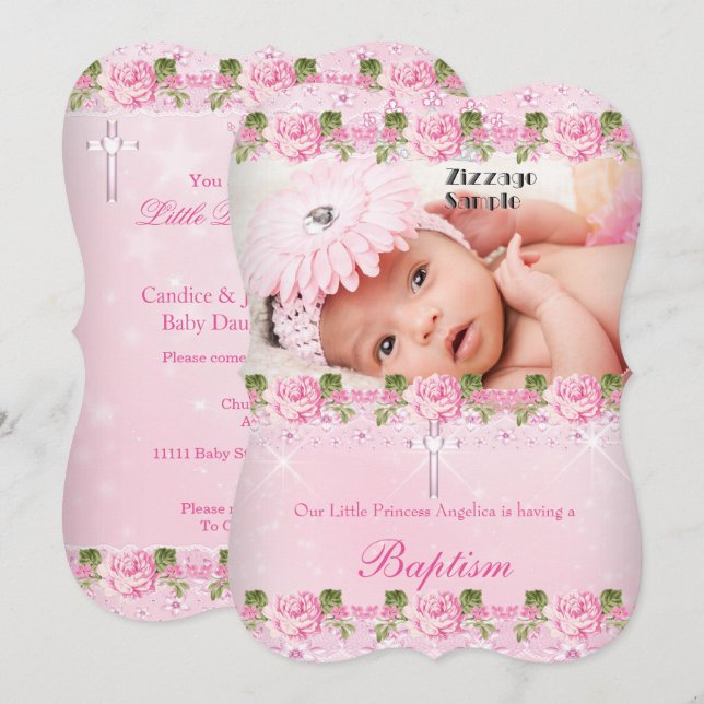 Invitation Photo Rose Rose Floral Baptême bébé fille (Devant / Derrière)