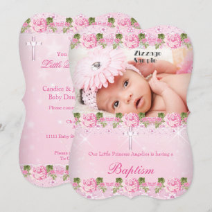 Invitation Photo Rose Rose Floral Baptême bébé fille