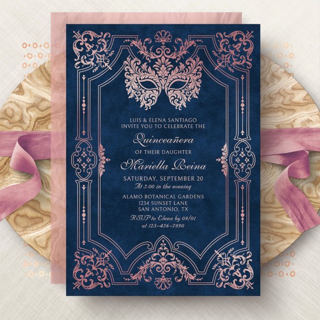 Invitation Photo Rose Rose Gold Masquerade Quinceanera (Créateur téléchargé)