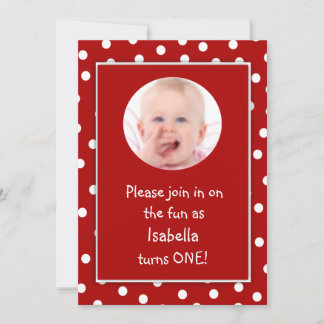 Invitation Photo rouge de pois de premier anniversaire de