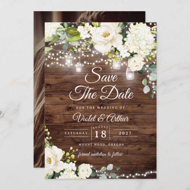 Invitation Photo Rustic String Lumières Mariage Enregistrer L (Devant / Derrière)