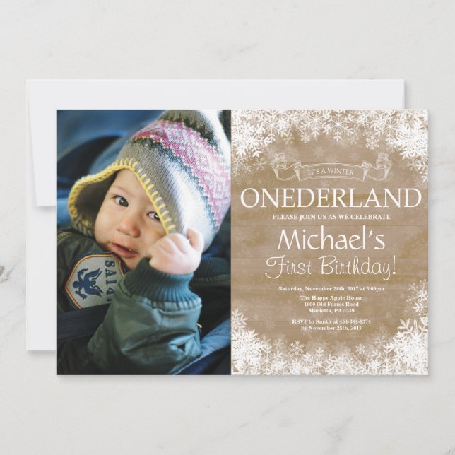 Invitation Photo rustique d'anniversaire d'Onederland d'hiver (Devant)