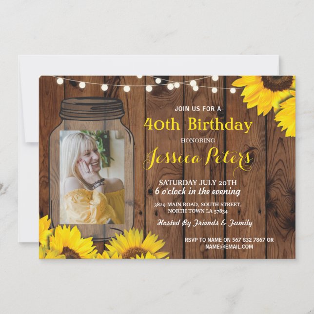 Invitation Photo Rustique Jar fête d'anniversaire Wood Sunflo (Devant)