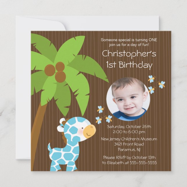 Invitation Photo Safari Jungle Giraffe Fête d'anniversaire de (Devant)
