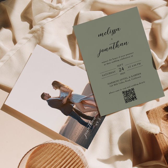 Invitation Photo Sage Green & Black Script QR Code Mariage (Créateur téléchargé)
