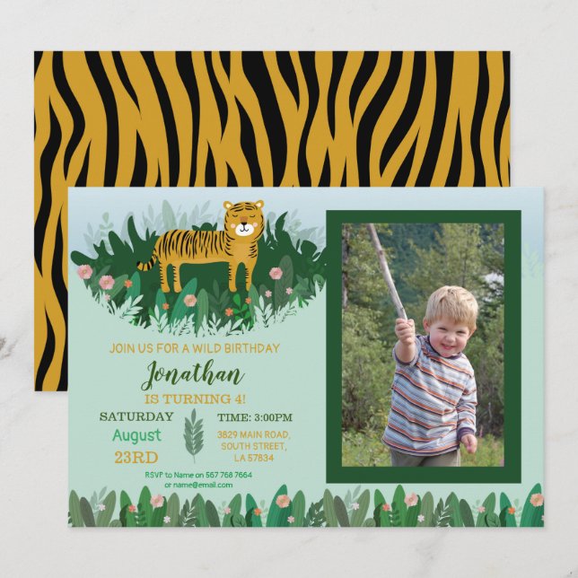 Invitation Photo sauvage de safari de zoo d'anniversaire de (Devant / Derrière)