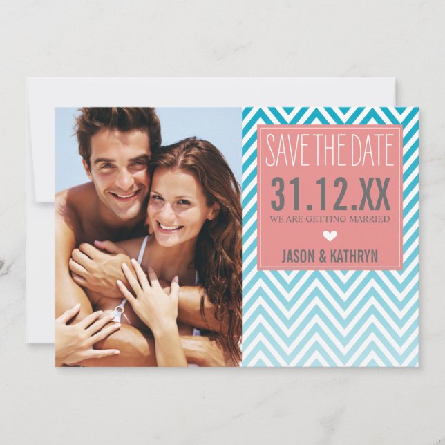 Invitation PHOTO SAUVER LA DATE ombre chevron corail turquois (Devant)