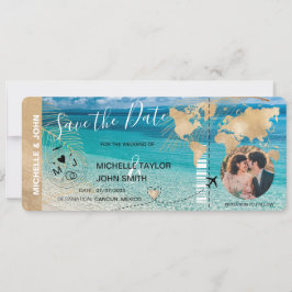 Invitation Photo Save the Date Boarding Pass World Map Beach
