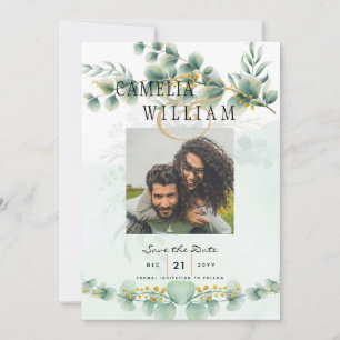 Invitation Photo Save the Dates Eucaluptus Gold Modern