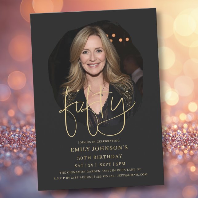 Invitation Photo Script noir et or 50e anniversaire (Photo Black and Gold Script 50th Birthday Invitation)