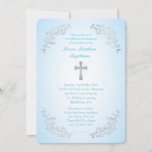 Invitation photo Silver Cross Blue Baptism