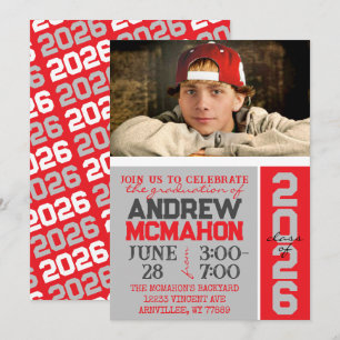 Invitation photo Silver Grey & Red Graduation
