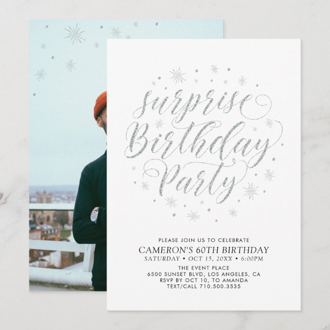 Invitation Photo Silver Surprise moderne Fête d'anniversaire  (Devant / Derrière)