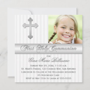 Invitation photo Silver White First Holy Communion