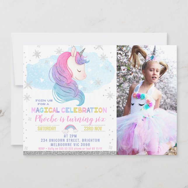 Invitation Photo Silver Winter Unicorn Rainbow Birthday (Devant)