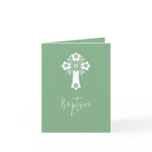 Invitation Photo Simple Baptême Croix Sage Vert